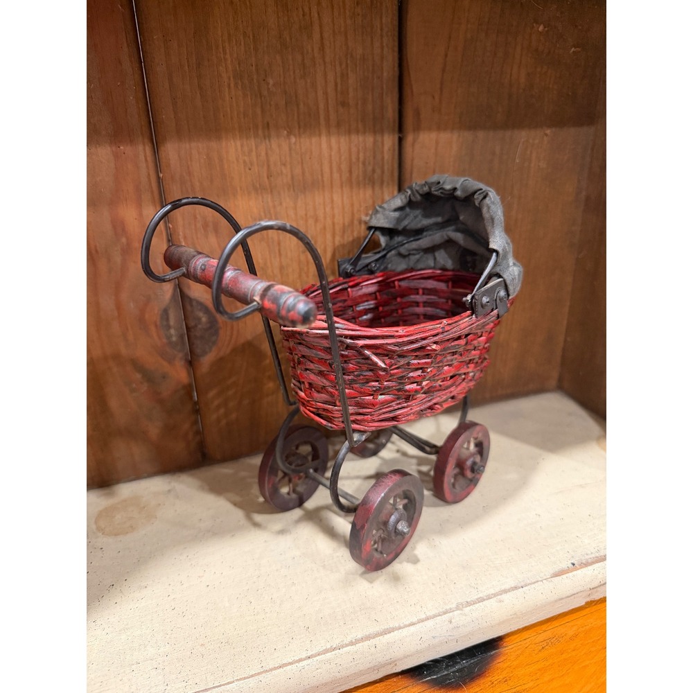 Vintage Miniature Red Wicker Doll Carriage Metal Frame Primitive Decor 7.5in